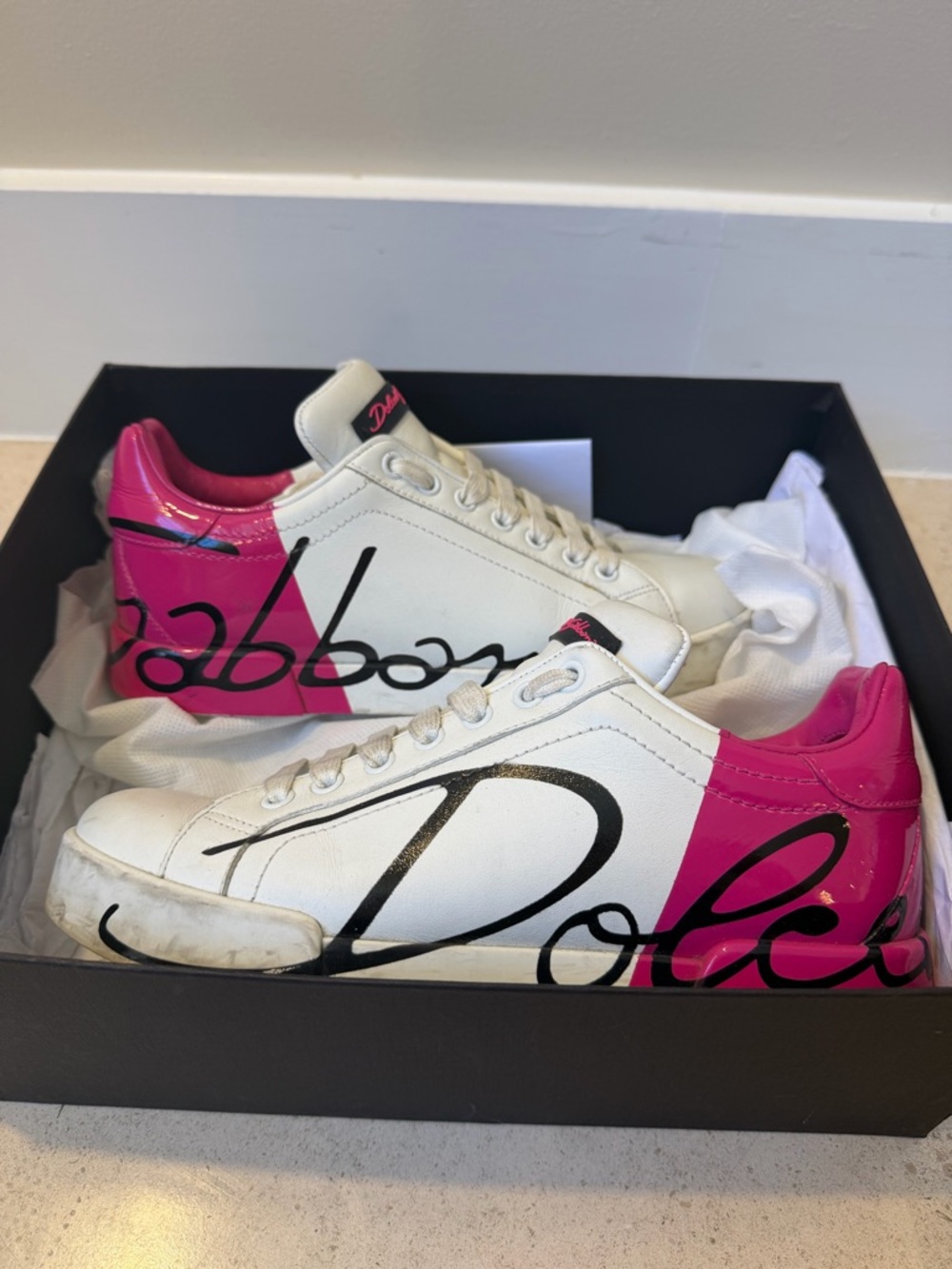 Dolce & Gabbana White and Hot Pink Signature Script Leather Sneakers